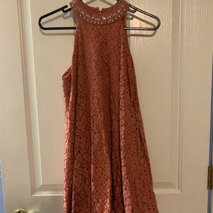 Lace sleeveless salmon dress by Miami. Worn 2